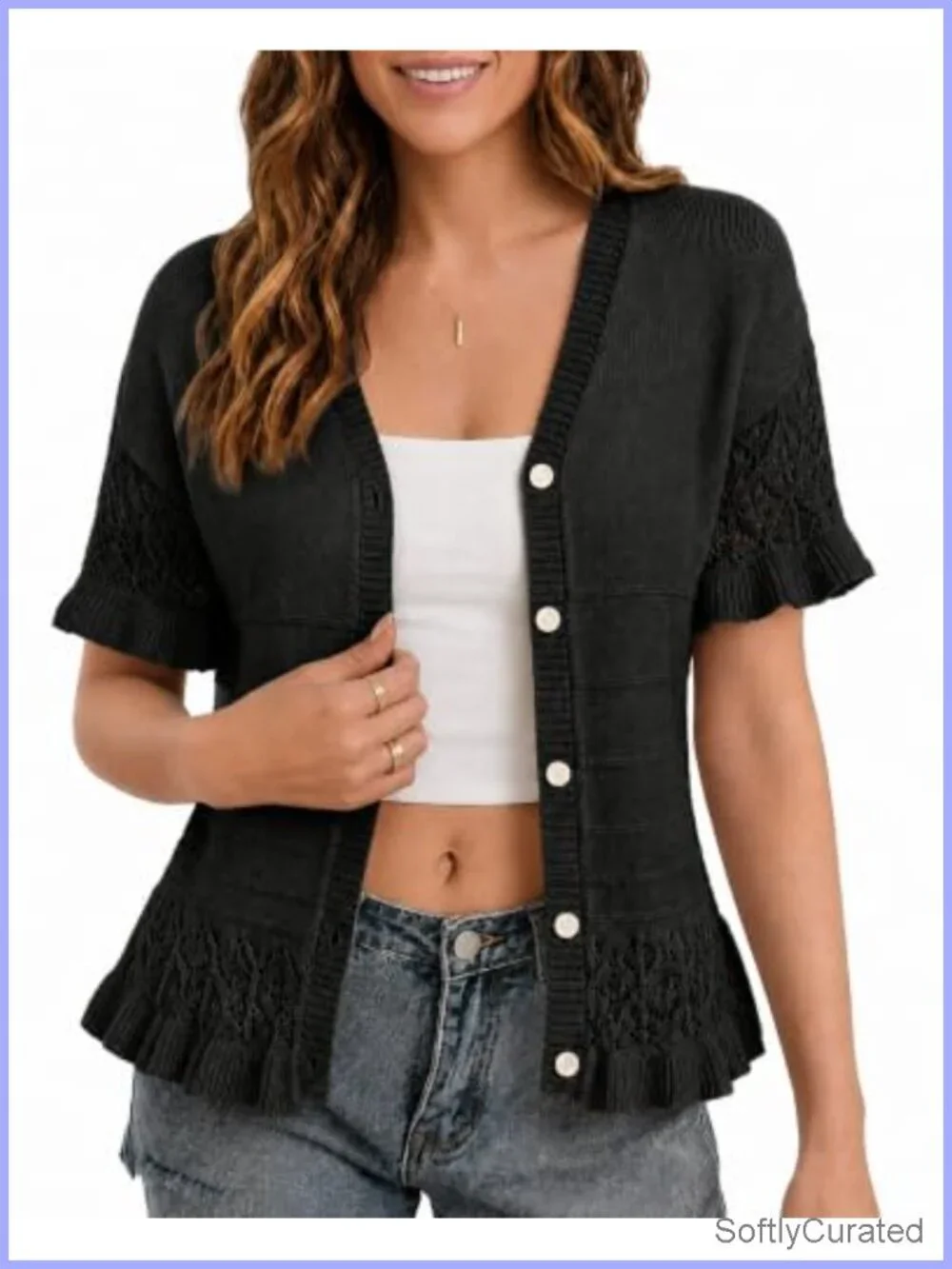 Crochet Peplum Ruffled Short Sleeve Cardigan V-Neck Button Down Blouse
